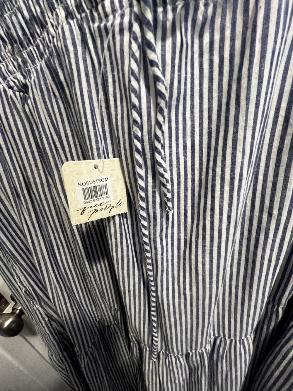 NWT Free People Juno Maxi Dress M Blue Ivory Stripe Smocked Cotton Pockets - Picture 7 of 10